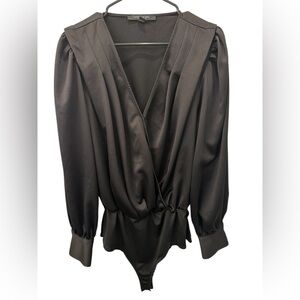 MARC NEW YORK Andrew Marc Black Satin Wrap Bodysuit XL